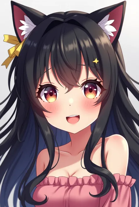 One  girl,  high image quality model ,  long hair,  black hair, chest,  dog ear, Animal ears loli,  open her mouth ,  smiles, tooth, ribbon,  anime style, 