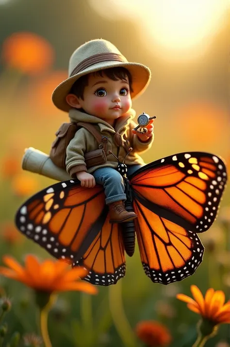 Macro photograph of a tiny explorer in a pith helmet and adventurers outfit, riding a vividly colored monarch butterfly. The explorer holds a rolled-up map and a glowing compass, gazing forward in awe. The butterflys delicate wings are illuminated by soft,...