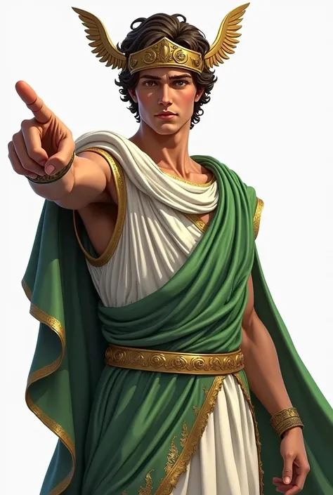 Now you are a graphic expert ,  act this way creating the detailed image of the young god Hermes from Greek mythology pointing his finger forward, He has to be in front, Only half body,  wearing your traditional white and green costumes , Dont forget the h...