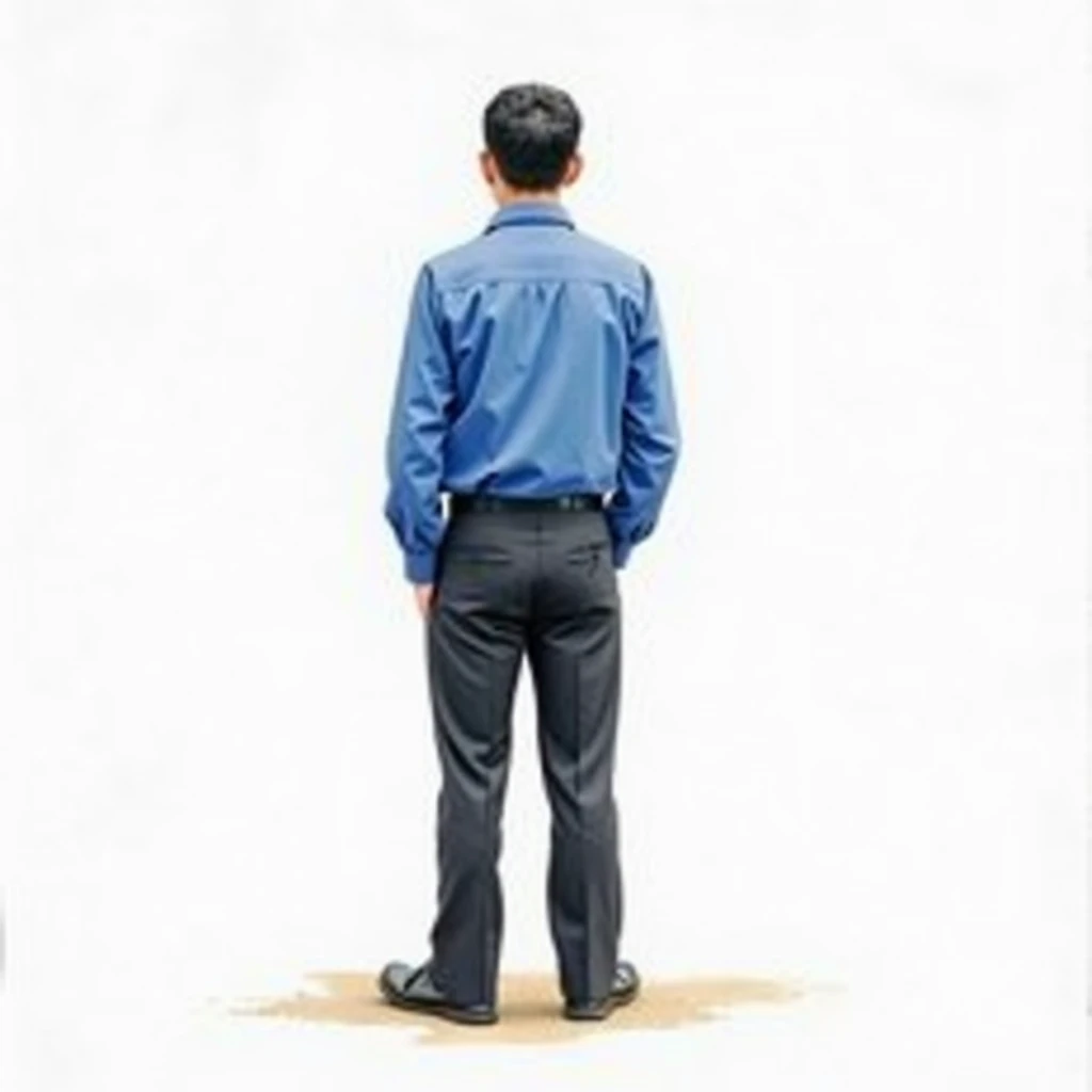 The watercolor style depicts the back of a standing Taiwanese man wearing a blue long-sleeved shirt and black trousers against a white background. The overall style is clean and simple, highlighting the subjects clothing and posture.