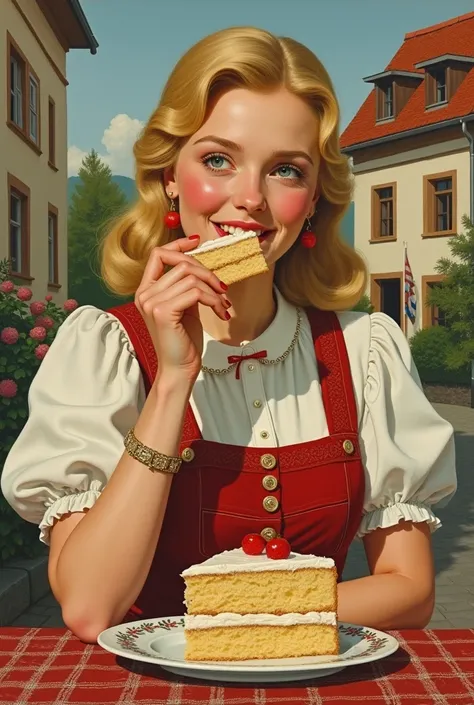 It has a poster ,  advertisement in a German Catholic country {x} where a German blonde woman eats cake ,  German Catholic country poster , in a  German propaganda  style,  German propaganda ,  German propaganda  art,  German propaganda  style,  German pro...