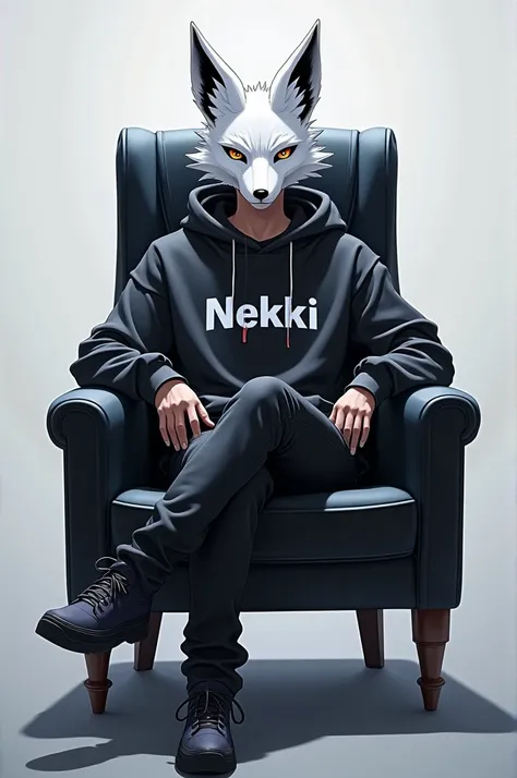 Handsome anime gamer boy with hoodie wearing japanese white fox mask and Sitting on a chair . Nekki name on his hoodie
