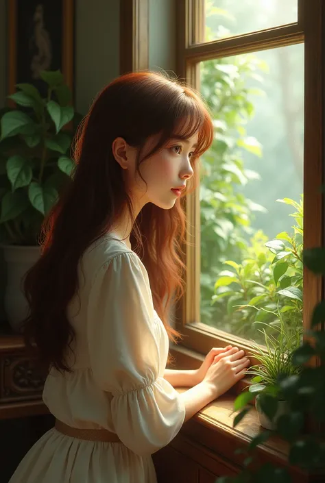 Beautiful woman with long brown hair demure leaning at the window watching the plants and thinking 