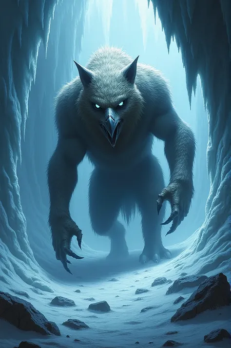 create a hybrid beast with a wolf’s muscular body and fur, combined with the hawk’s razor-sharp beak, talons, and piercing eyes. The background should be a desolate ice cave, with ominous shadows and an eerie blue glow.