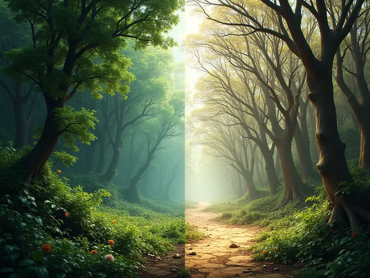  Split image with forest full of green trees, Flora, fauna and humidity .  the other part with a dry forest ,  trees dry without leaves , sin Flora ni fauna