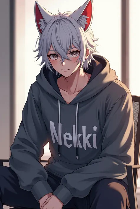 Handsome anime gamer boy with hoodie and japanese white fox mask and Sitting on a chair . Nekki name on his hoodie
