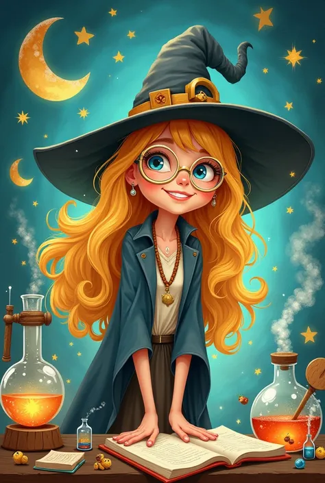 A blonde happy science witch illustration for a ren’s book. More witchy And with glasses