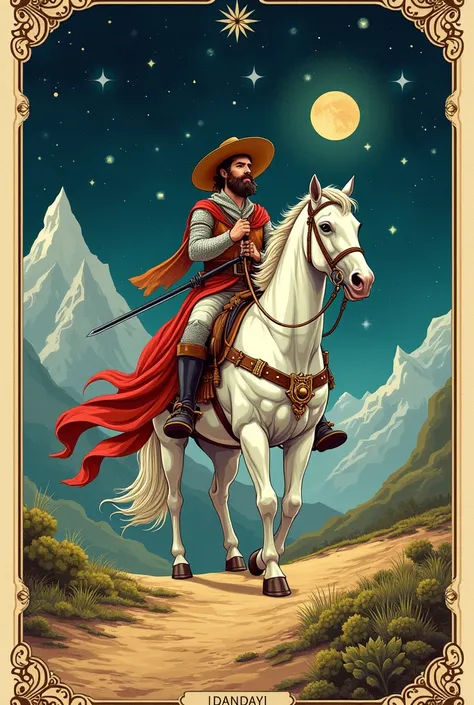 **Tarot cards are created. The card background of the gypsy man riding a white horse is a realistic space background. Delicate is painted, vibrant colors and similar art style. The illustration is delicate and detailed: knight wearing boho gypsy clothes an...