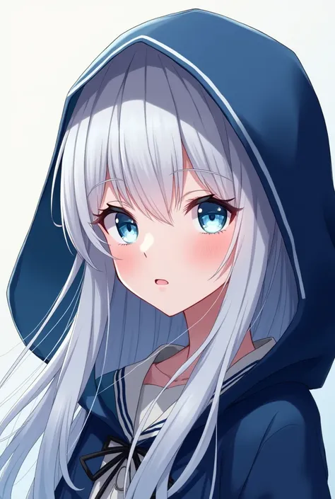 Anime picture of a girl with long white hair and light blue eyes wearing a navy blue cape with a hood. The bangs are 8:2 Garma .