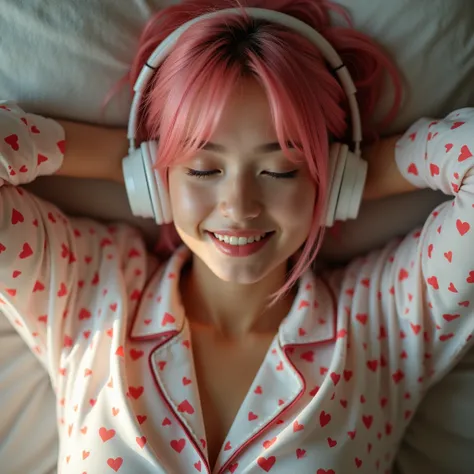 ((highest quality)), ((masterpiece)), (in detail) photo,  view from above ,  18 year old girl with short pink hair ,  Lying on the bed,  with her hands behind her head , cute shirt and shorts pajamas ,  pajamas pattern red hearts on white background, headp...