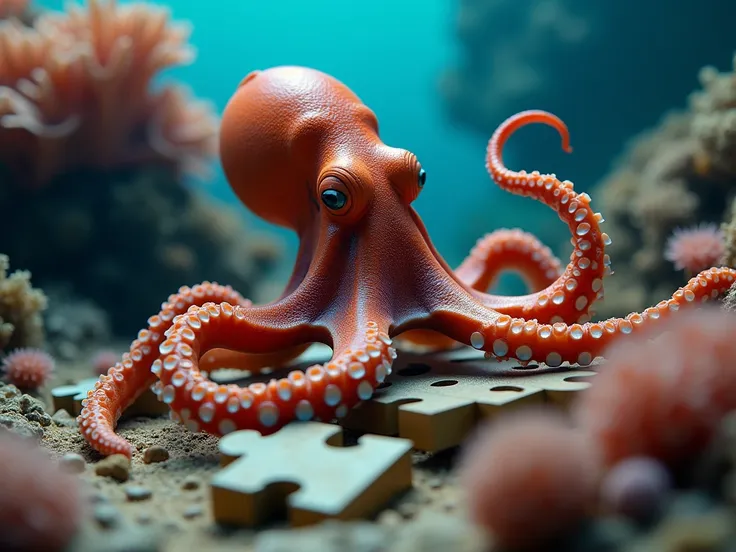 A close-up of an octopus solving a puzzle underwater, with a thoughtful expression, vivid coral background, hyper-realistic, photo realism, detailed textures of the octopus skin, cinematic lighting --ar 9:16