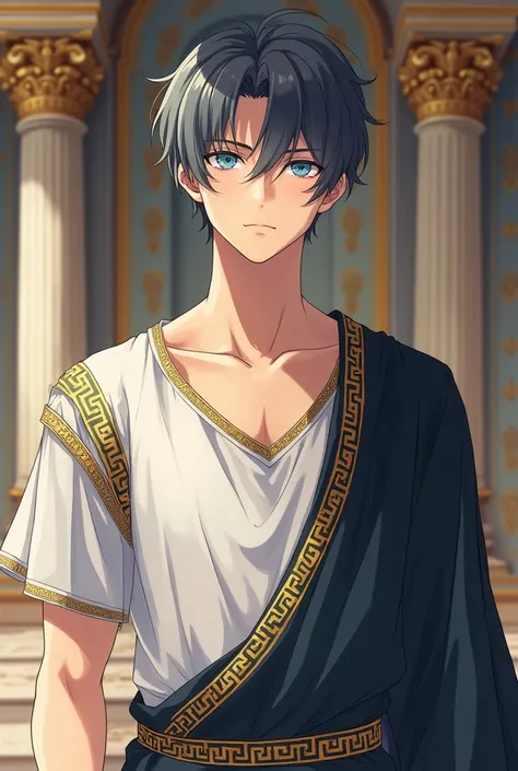  sharp anime, full body image ,Young man, dark gray hair, light blue eyes ,  with ancient Greek costumes from the 1st century, The background is an ancient Greek palace , Ancient Greek clothing, dark white and white men, with gold patterns on the hem.,  I ...