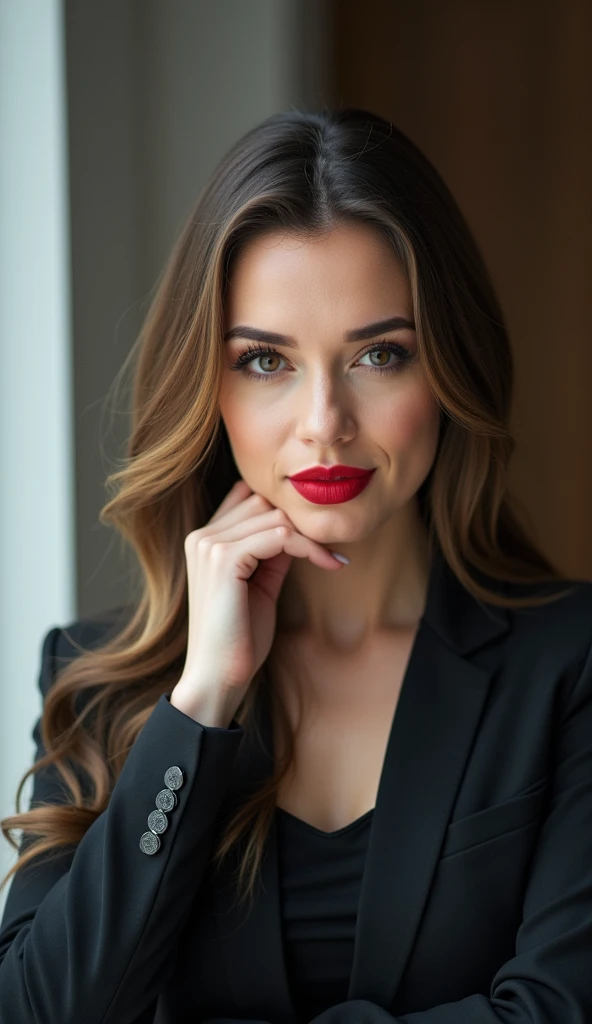 A confident businesswoman, her face in close-up, is looking straight at the camera with a serious and determined expression. She has her head tilted slightly to the side, one hand gently touching her chin, while wearing bold makeup with red lipstick. The b...