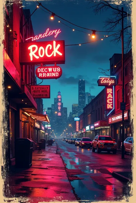 Hard rock music event advertising flyer,  December 28, 2024. vintage, worn out, without people, City and Neon Lights,  sweet marks on neon signs, Edges,  wear marks .