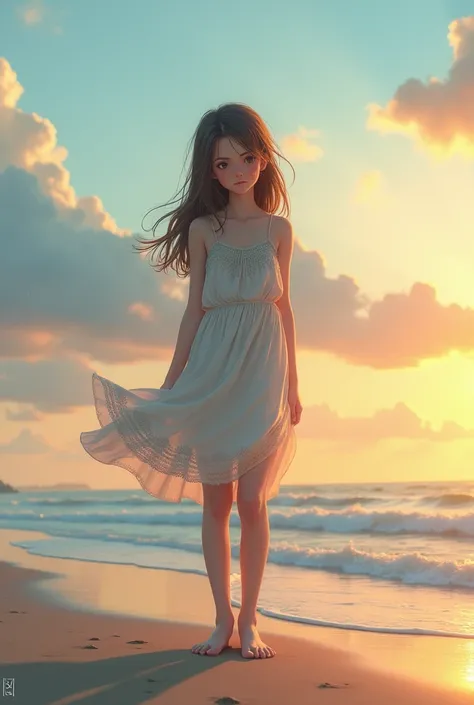 Teenage girl in dress alone on the beach
