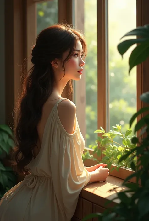 Beautiful woman with long brown hair demure leaning at the window watching the plants and thinking realistic ultra HD image 