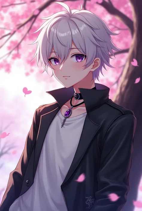 The white-haired boy with purple eyes 、 wears a white t-shirt and a black leather jacket Half torn pants 、A black choker with an amethyst colored stone with a dragon tattoo on the back is on the side of a Japanese cherry tree anime 