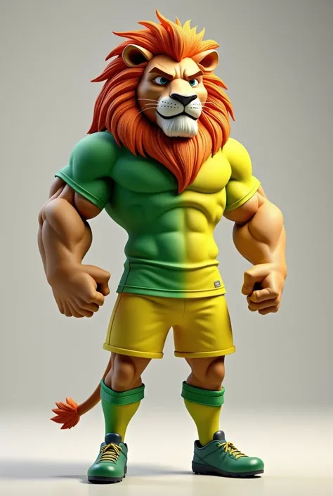 I want to create a realistic 3D mascot of a muscular lion with a yellow and green gradient soccer jersey at the bottom with green soccer shorts and yellow and green soccer boots