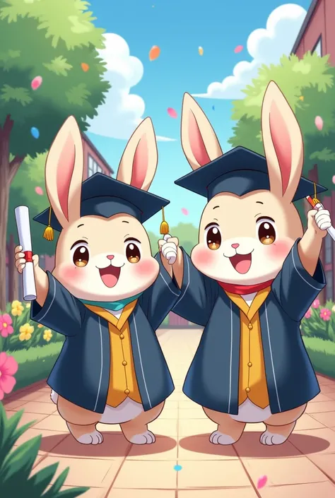 I want an anime-like drawing , about the same pair of rabbits but this time they graduate and hold the diplomas