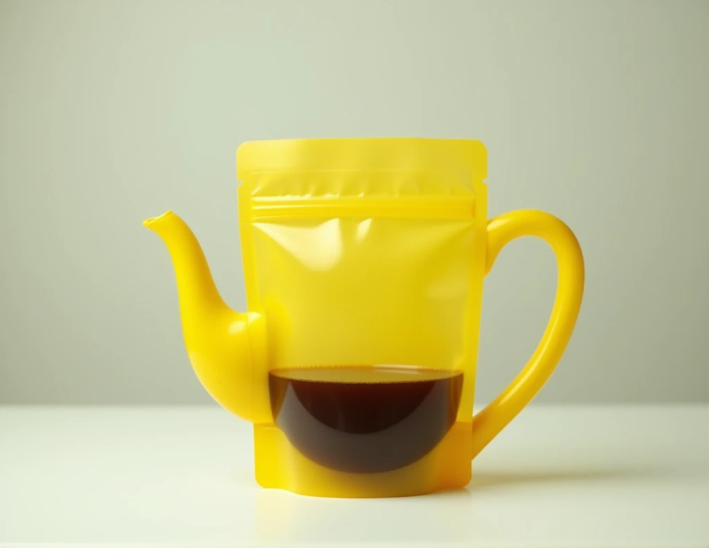  a plastic bag shaped like a yellow teapot,  studio photo, Inside there is coffee 