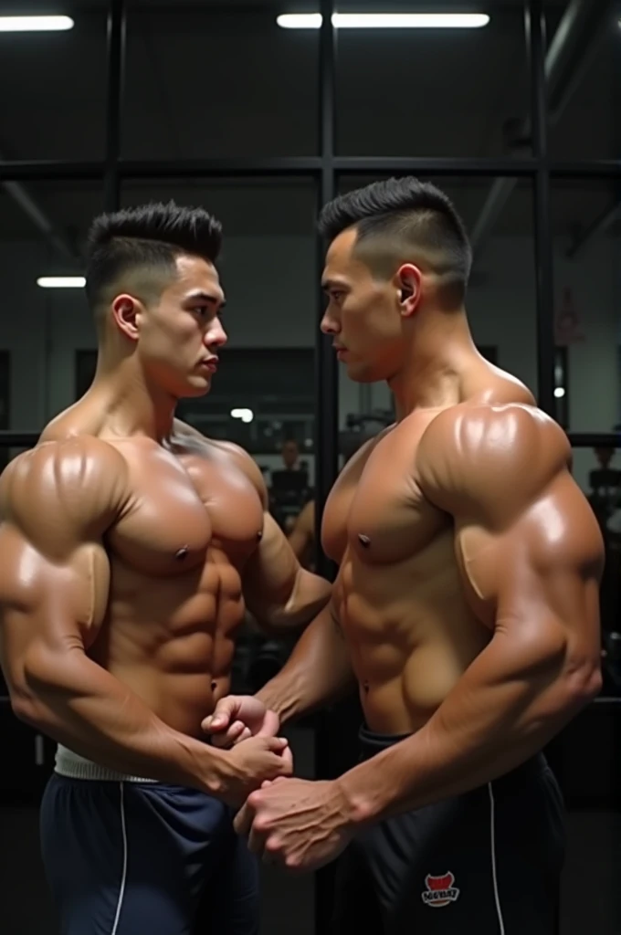 Young Asian bodybuilder grabs another muscular mans pectoral muscles from behind