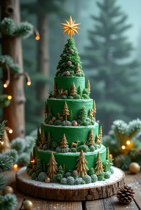 A towering multi-tiered Christmas cake inspired by an enchanted forest. The tiers are covered in textured green frosting resembling pine trees, with accents of sugared pinecones, edible moss, and tiny golden deer figurines. The cake is topped with a glitte...