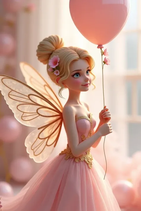 The 3d image shows an elegant fairy with blonde hair fully tied in a high bun, adornado com flores delicadas.  Some loose locks fall softly , framing your face.  She holds a pastel pink balloon attached to a golden thread ,  reinforcing a festive and encha...