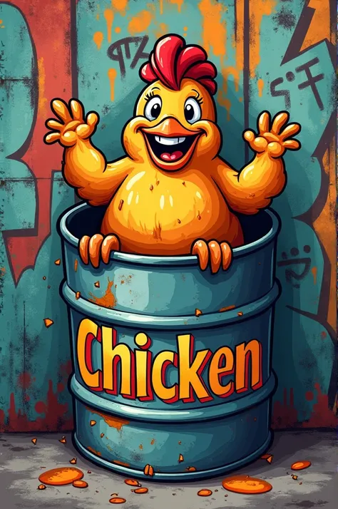 cartoon drawing of a grilled chicken on the drum inside the barrel style graffiti 