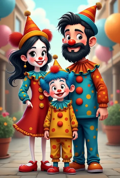 A family of 3 clowns ,  the skinny mom , black hair and black eyes,  with white skin and small height dressed as a clown ,  the black-eyed and black-haired dad ,  with a beard and physically tall and dressed as a clown,  and a  dressed as a clown , Cartoon...