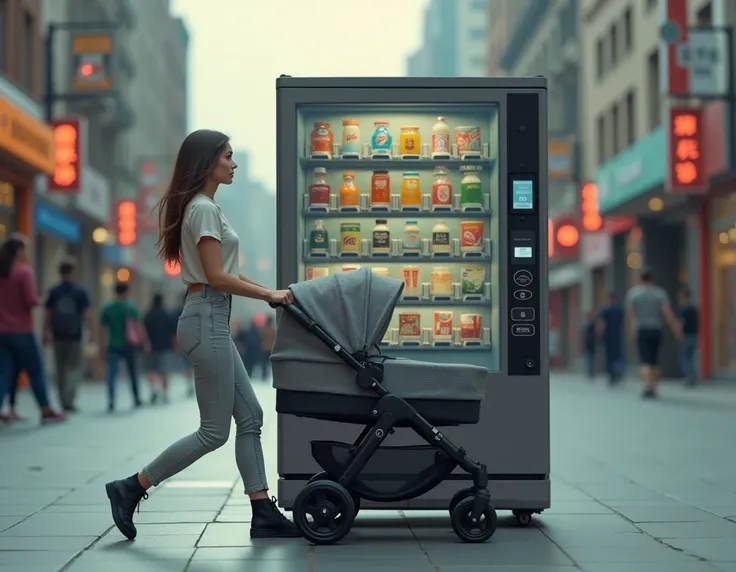 A woman rides a baby stroller with a vending machine behind her shoulder