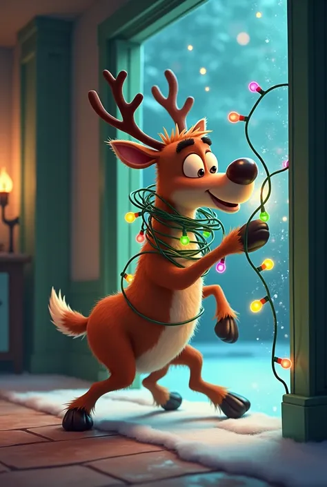 Cartoon of a reindeer entangled with Christmas lights crashing into glass seen from the other side of the glass with its belly attached to the glass and all four legs open 