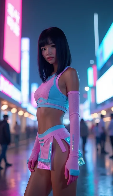 South Korea
A hyper-realistic South Korean cheerleader with sleek, jet-black hair styled in a sharp, modern bob. Her pastel pink and blue outfit features holographic accents that shimmer against the futuristic neon glow of Seoul’s cityscape at night. She s...