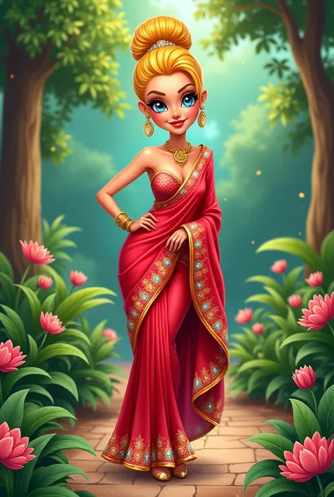 A cartoon art lady with yellow hair bun and blue eyes wearing emblished diamond red saree with high heels in garden