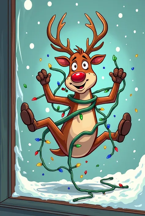 Cartoon of a reindeer entangled with Christmas lights crashing into glass seen from the other side of the glass with its belly attached to the glass and all four open legs attached to the glass 