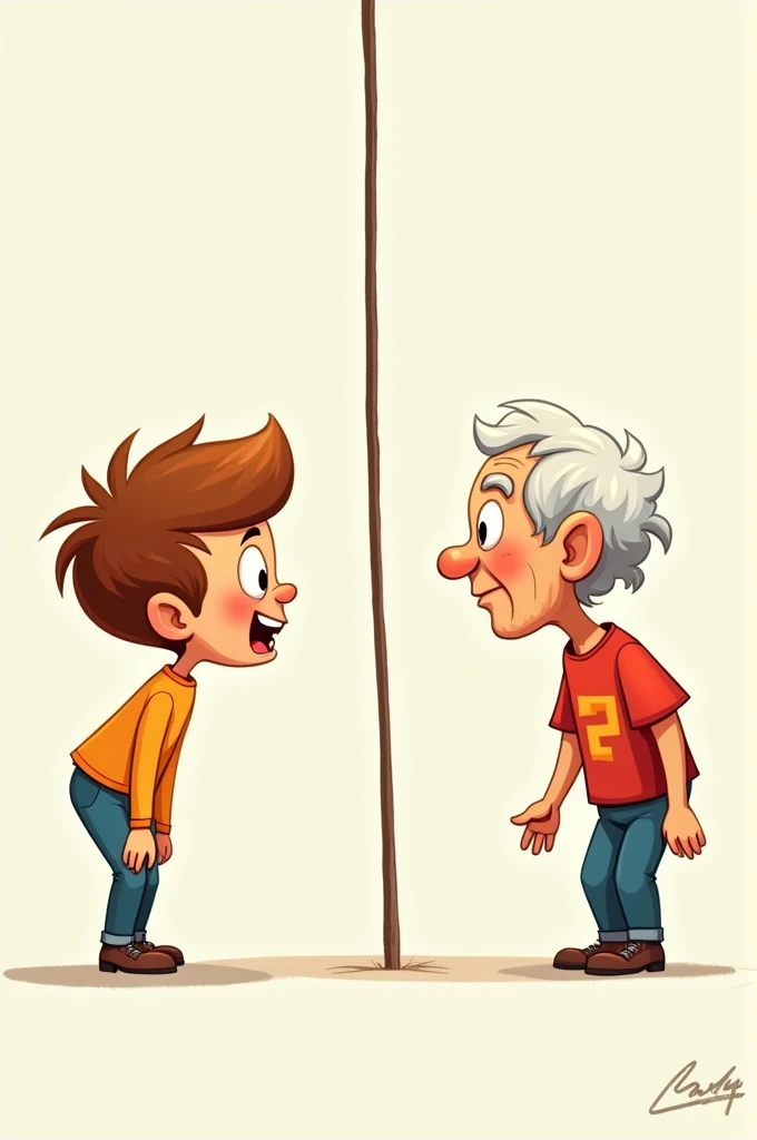 Divide the page in half with a line. Put a young person on one side and an old person on the other side. Have them look at each other. Make it like a cartoon character.