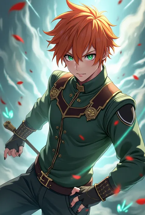 original character, male, short ginger hair, green eyes, cool, belong to xianzhou luofu, combat type: imaginary, summon art, honkai: star rail artstyle