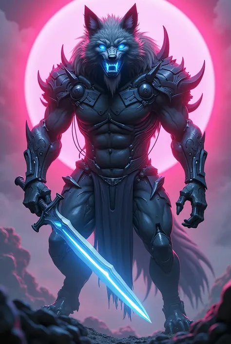 An cybernetic humanoid wolf warrior holding a sword,blue ,pink neon