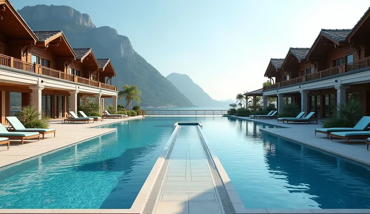 A large swimming pool is like a chalet and a walkway in the middle for walking. Chairs on the right and chairs on the left are sea chairs. A large and huge chalet. It is very far away. There is a villa, but it is very far away