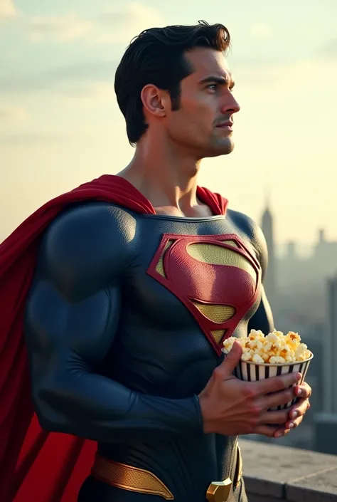 Superman standing on the rooftop, holding pouch of popcorn snacks, cape in the wind,  close up, depth of field, ultra realistic, soft lighting, 8k, cinematic,
