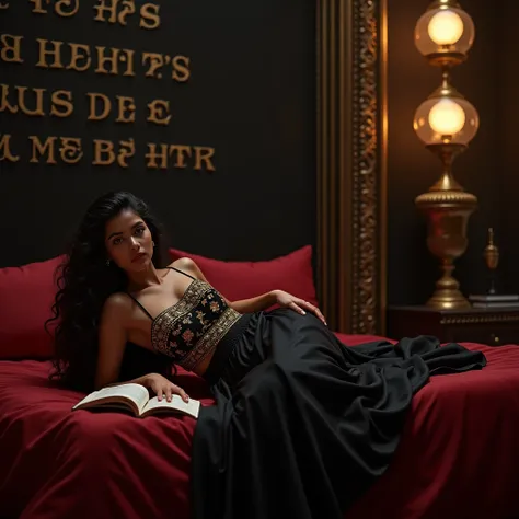 a beautiful Indian fair 24 years old girl  with open curly black hair  lied down on the big royal bed  with the erotic pose of reading book  wearing heavy premium black  ghaghra one blouse with the work of golden and floral  badsheet color is red and upsid...