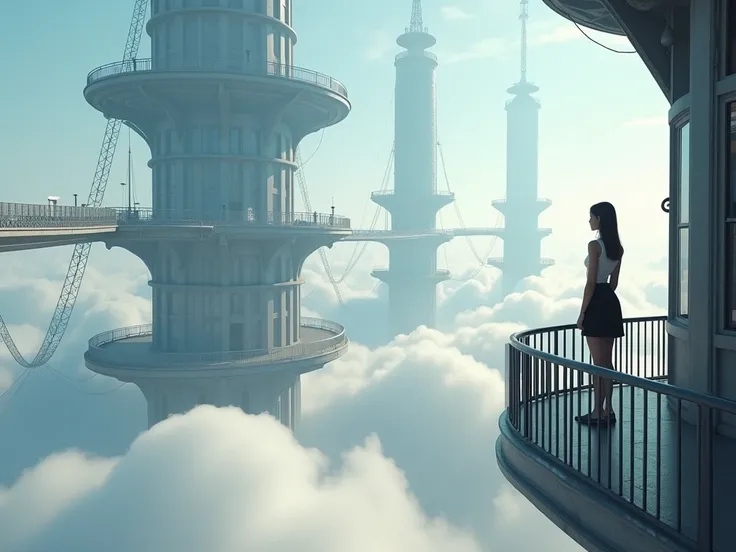 A futuristic city floating on clouds ,  with huge metal structures and suspended bridges . in the foreground,  a young woman looking out from a balcony into the vast ocean of clouds.  hyper-realistic style , photo realism, cinematography, --ar 9:16.