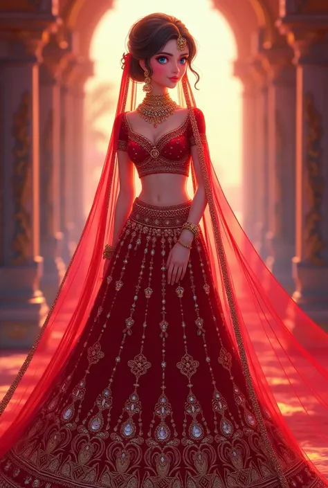 A 2d anime wear red emblished diamond lehenga with diamond jewellery