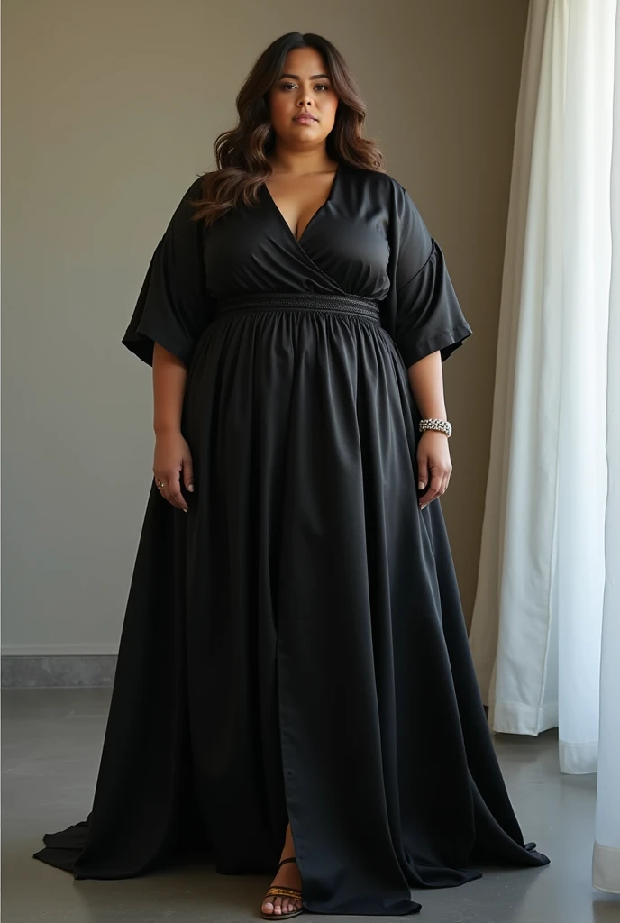 black satin dress with short linen shirt
In Plussize body