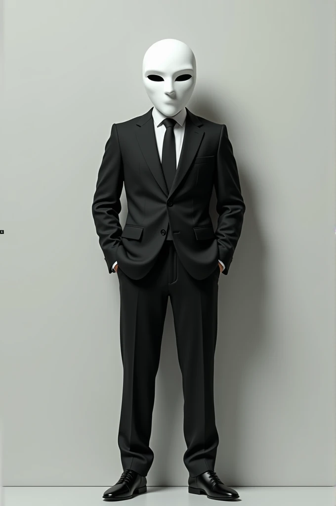 Man in black suit, Wearing white human face mask,  looking forward.