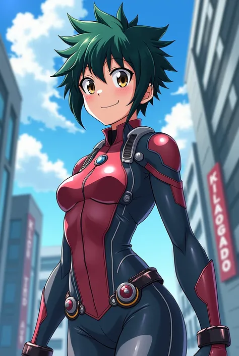  Anime character " my hero academia", hero girl Deoru .  Brown eyes , smiles, suit with modern technology