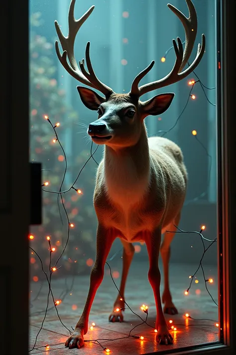 A reindeer crashed against a glass entangled with Christmas lights with a serious face with its belly and all four legs against the glass seen from the other side of the glass 