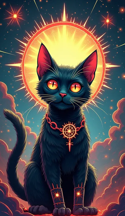 a comic book style animation of a cat. he is linked to signs and magic, a more mystical cat,