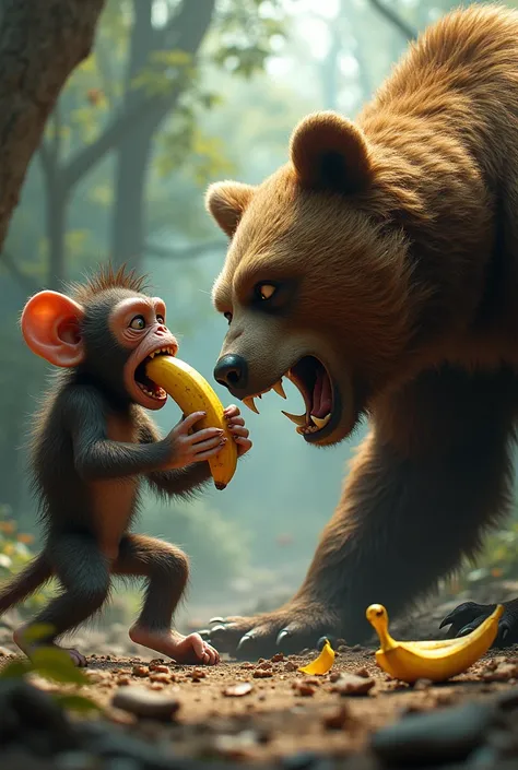 Ugly monkey eating a banana. After that he gets angry
, after that a bear comes and fight. They bot are fighting