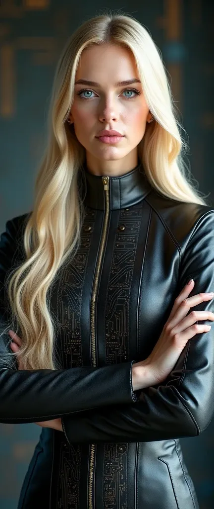 from face, official portrait, full view of a queen, a 30-37 years old woman, very long blond hair, blue eyes, slim, arms folded, she wears a futurist black and blue dress made from a mix of printed circuit board alloy and leather fabric, a desktop in the b...