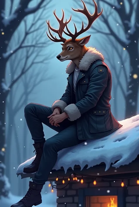 Human man with rendeer antlers, a tail, christmas, anime man, young, sassy, sexy, snowy forest, pretty, magical. Deerman sitting on snowy roof, sexy, hot looking, handsom, dangerous looking, deer antlers, detailed, deer tail. dark, lights, dangerous, sassy...